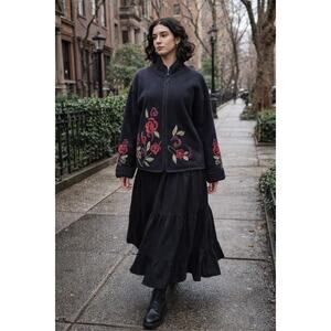 Icelandic Design Wool Jacket Embroidered Floral Zip Nordic Boho Coat L